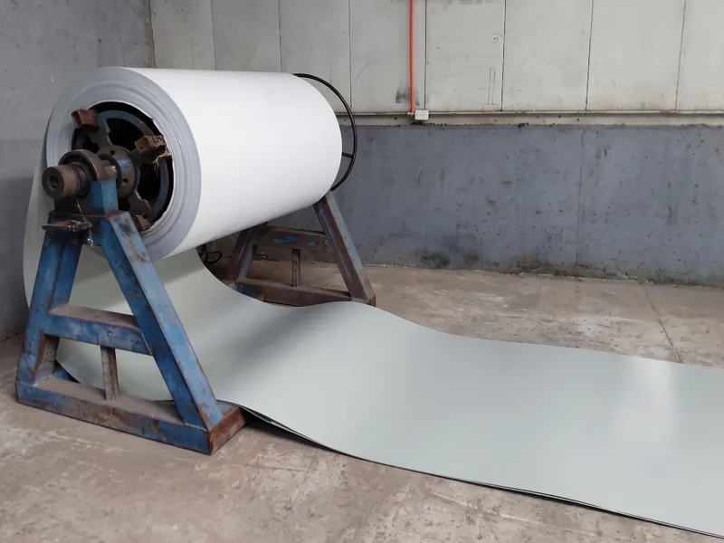 Bobina de plancha en el desenrollador del taller